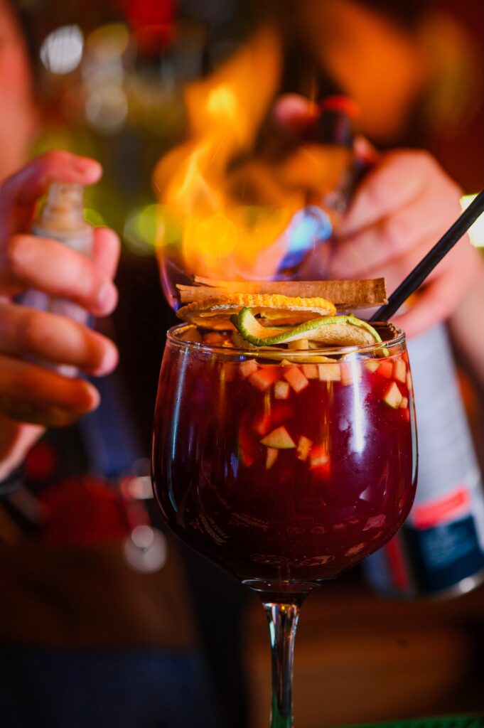 Casalegre's flambéed sangria with fresh fruit, dried citrus and cinnamon, set alight at the table